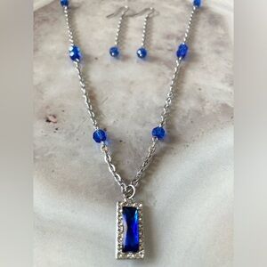 ✨Handmade Elegant Beaded Rhinestone Pendant Necklace & Earrings in Blue Sapphire